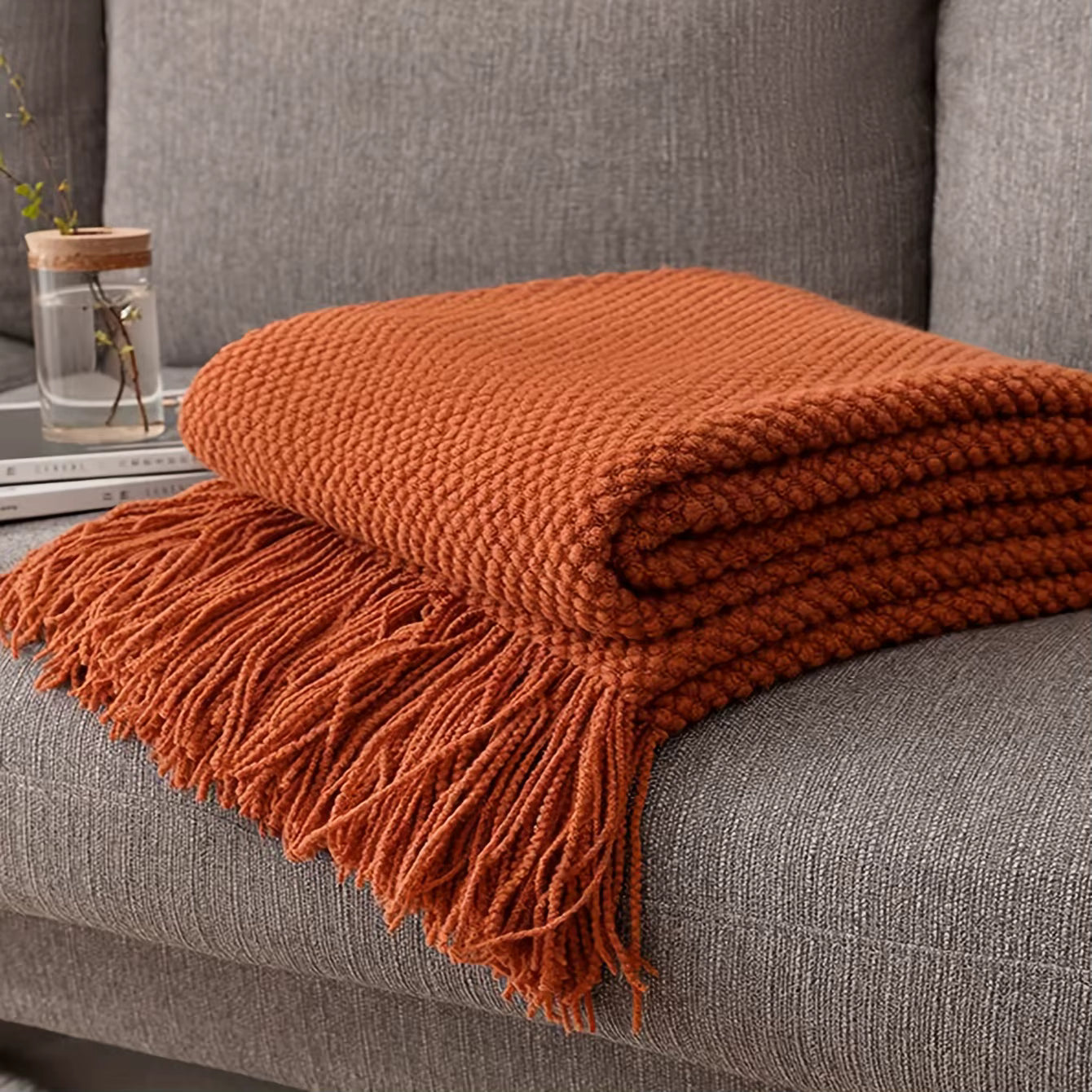 Terracotta Knitted Throw with Tassels
